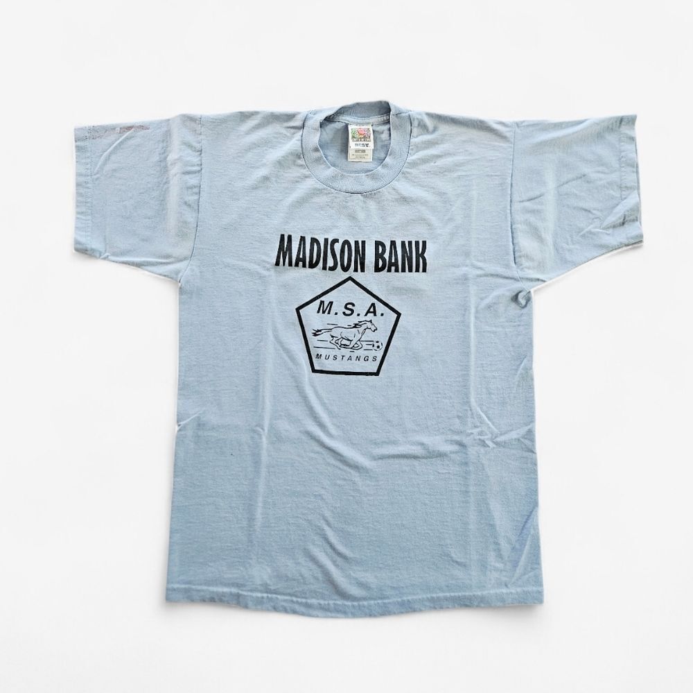 Vintage 1990's Madison Bank Mustangs Soccer Short Sleeve Graphic Tee T-Shirt M